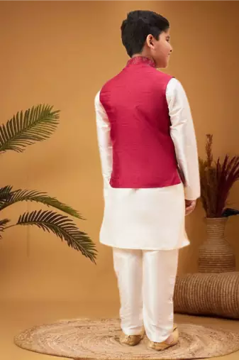 Boy's maroon nehru jacket with cream kurta and pyjama set