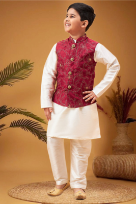 Boy's maroon nehru jacket with cream kurta and pyjama set 5