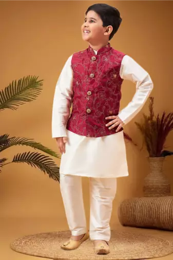 Boy's maroon nehru jacket with cream kurta and pyjama set