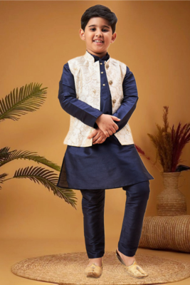 Boy's beige woven nehru jacket with navy blue kurta pyjama set 1