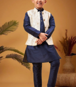 Boy's beige woven nehru jacket with navy blue kurta pyjama set