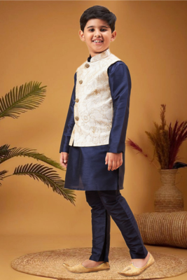 Boy's beige woven nehru jacket with navy blue kurta pyjama set 2