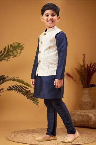 Boy's beige woven nehru jacket with navy blue kurta pyjama set