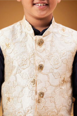 Boy's beige woven nehru jacket with navy blue kurta pyjama set 3