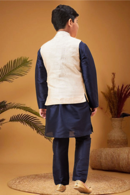 Boy's beige woven nehru jacket with navy blue kurta pyjama set 4