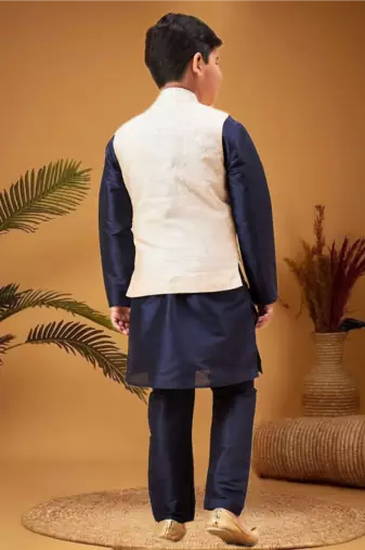 Boy's beige woven nehru jacket with navy blue kurta pyjama set