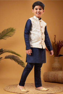 Boy's beige woven nehru jacket with navy blue kurta pyjama set 5