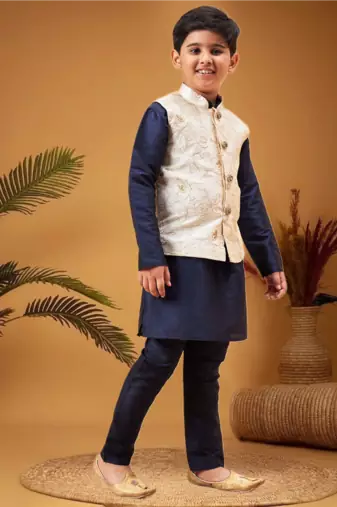 Boy's beige woven nehru jacket with navy blue kurta pyjama set