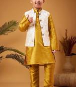 Boy's beige nehru jacket with mustard kurta and pyjama set