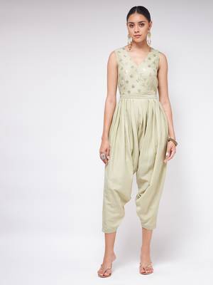 Pannkh womens festive foil printed jumpsuit with stylish jacket 5