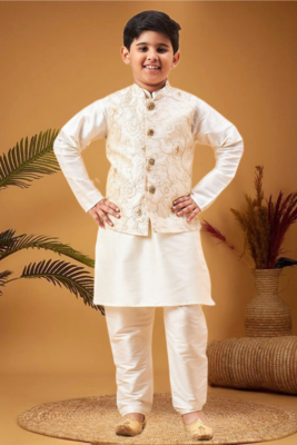 Boy's beige nehru jacket with cream kurta and pyjama set 1