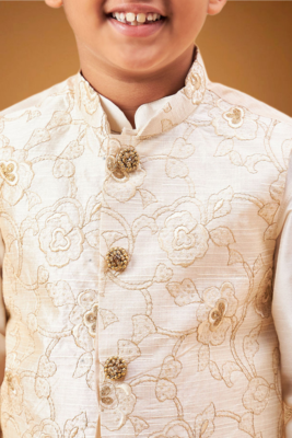 Boy's beige nehru jacket with cream kurta and pyjama set 2