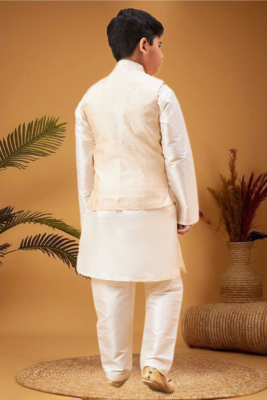 Boy's beige nehru jacket with cream kurta and pyjama set 3