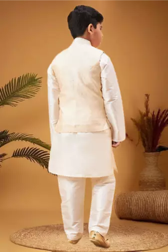Boy's beige nehru jacket with cream kurta and pyjama set