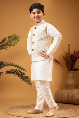 Boy's beige nehru jacket with cream kurta and pyjama set 4