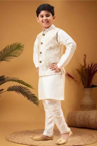 Boy's beige nehru jacket with cream kurta and pyjama set