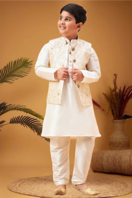 Boy's beige nehru jacket with cream kurta and pyjama set 5