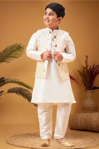 Boy's beige nehru jacket with cream kurta and pyjama set