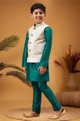 Boy's beige woven nehru jacket with green kurta pyjama set 1