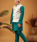 Boy's beige woven nehru jacket with green kurta pyjama set