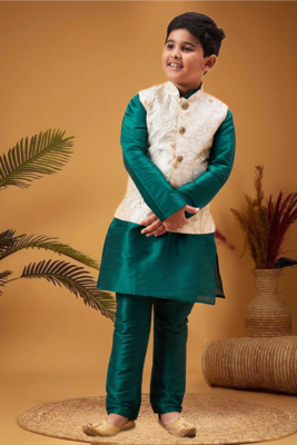 Boy's beige woven nehru jacket with green kurta pyjama set 2
