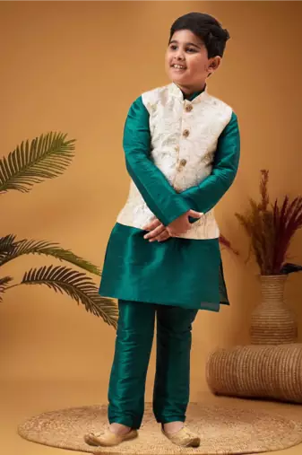 Boy's beige woven nehru jacket with green kurta pyjama set