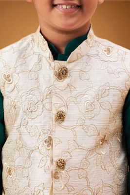 Boy's beige woven nehru jacket with green kurta pyjama set 3