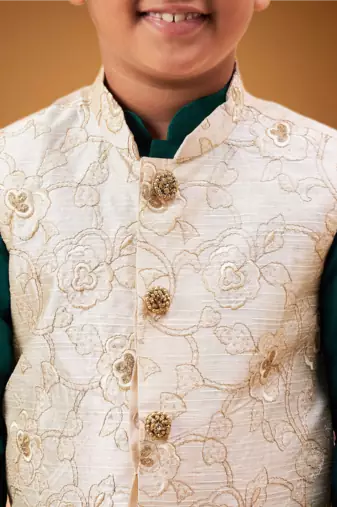 Boy's beige woven nehru jacket with green kurta pyjama set
