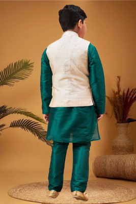 Boy's beige woven nehru jacket with green kurta pyjama set 4