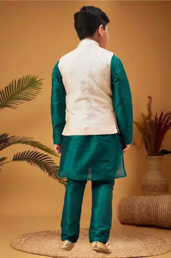 Boy's beige woven nehru jacket with green kurta pyjama set