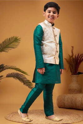 Boy's beige woven nehru jacket with green kurta pyjama set 5