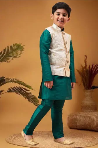 Boy's beige woven nehru jacket with green kurta pyjama set