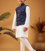 Boy's navy blue nehru jacket with cream kurta and pyjama set