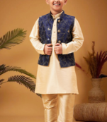 Boy's navy blue nehru jacket with gold kurta and pyjama set