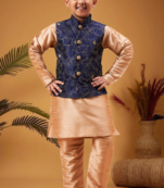 Boy's navy blue nehru jacket with chiku kurta and pyjama set