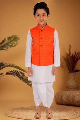 Boy's orange and white matka silk jacket, kurta and dhoti set 1