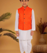 Boy's orange and white matka silk jacket, kurta and dhoti set