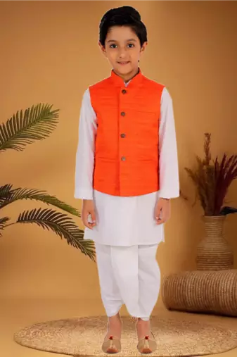 Boy's orange and white matka silk jacket, kurta and dhoti set