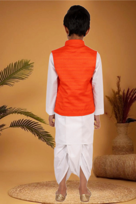 Boy's orange and white matka silk jacket, kurta and dhoti set 3