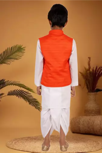 Boy's orange and white matka silk jacket, kurta and dhoti set