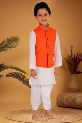 Boy's orange and white matka silk jacket, kurta and dhoti set 4