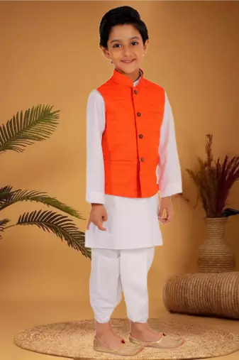 Boy's orange and white matka silk jacket, kurta and dhoti set