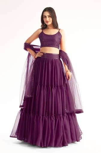 Purple Embroidered Georgette Circular Lehenga With Blouse Up To 42" Size