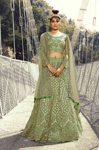 Green Embroidered Net Circular Lehenga With Blouse Up To 42" Size