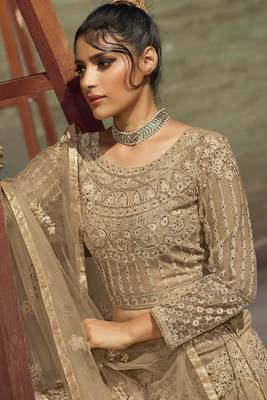 Beige Embroidered Net Circular Lehenga With Blouse Up To 42" Size 2
