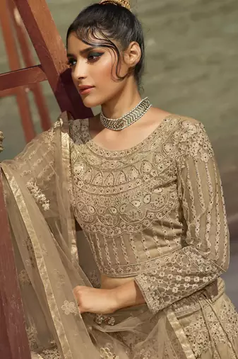 Beige Embroidered Net Circular Lehenga With Blouse Up To 42" Size