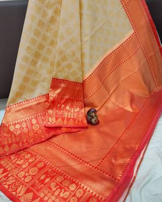 Beige Art Silk Woven Saree with Red Border     South Indian Style 3
