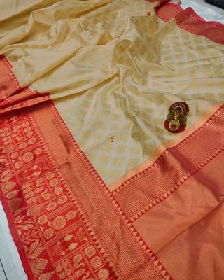 Beige Art Silk Woven Saree with Red Border     South Indian Style 4