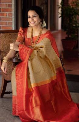 Beige Art Silk Woven Saree with Red Border     South Indian Style 1