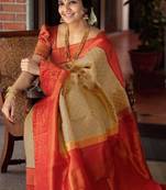 Beige Art Silk Woven Saree with Red Border     South Indian Style